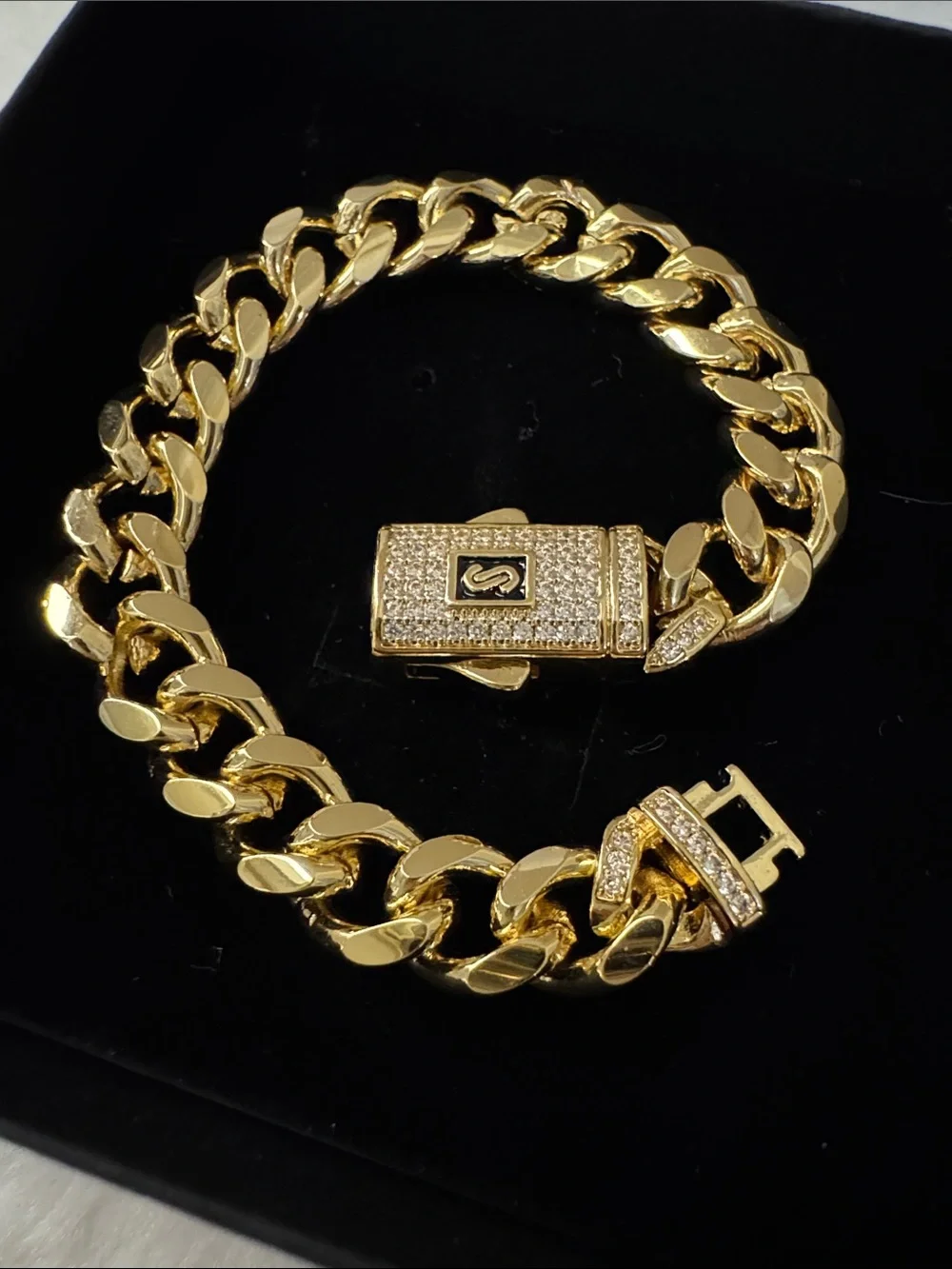 Gold Curb Chain Bracelet with Pavé Lock Accessory